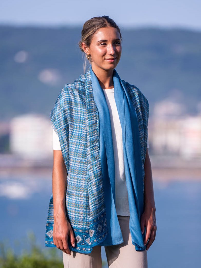 Fular de seda doble Azul trenzado