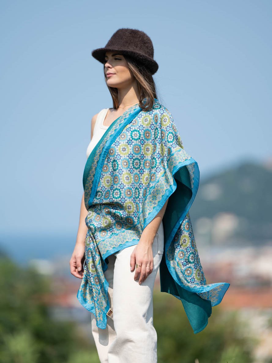 Fular de seda doble Azul mediterraneo